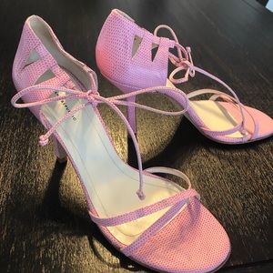 Banana Republic bubble gum pink stilettos, strappy toe and ties around ankle